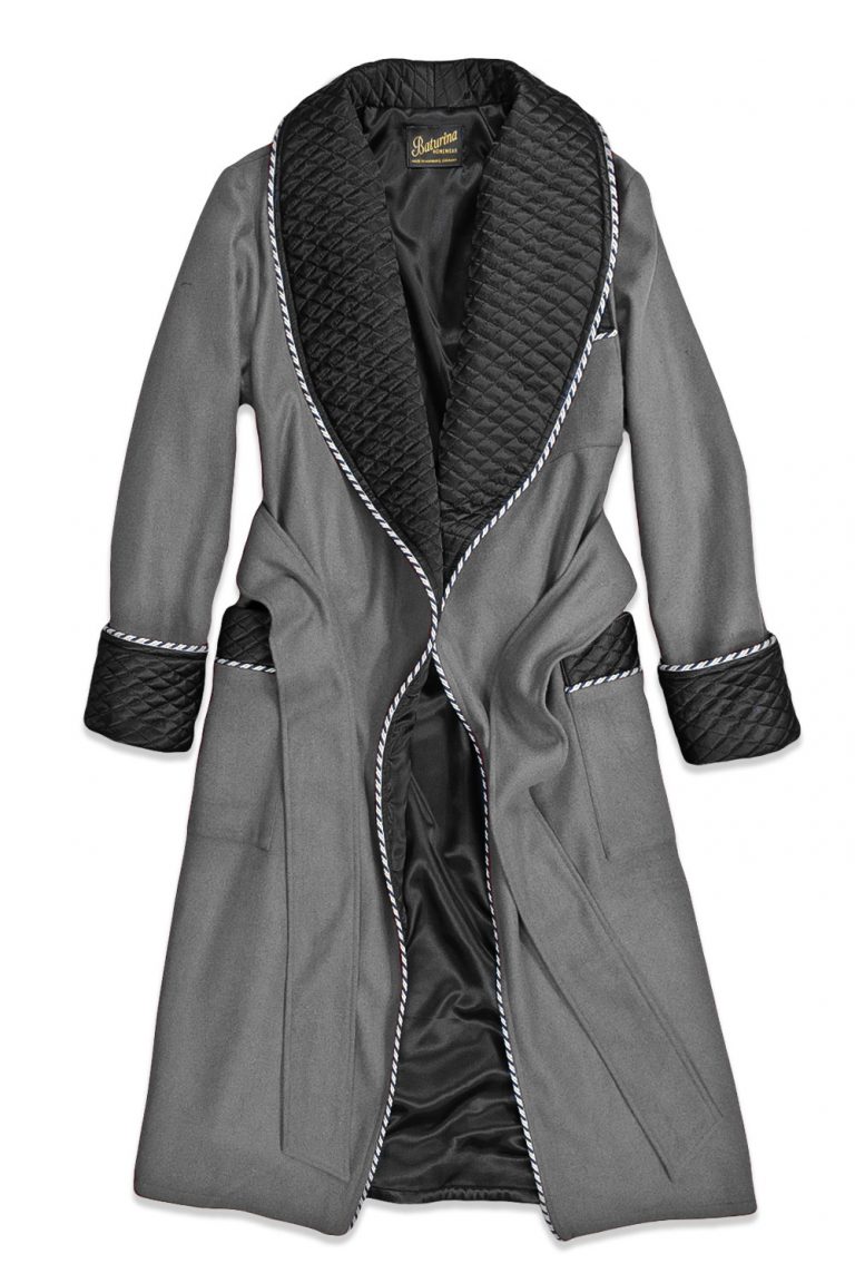 Mens Gray Wool Dressing Gown Robe Smoking Jacket | Baturina Homewear