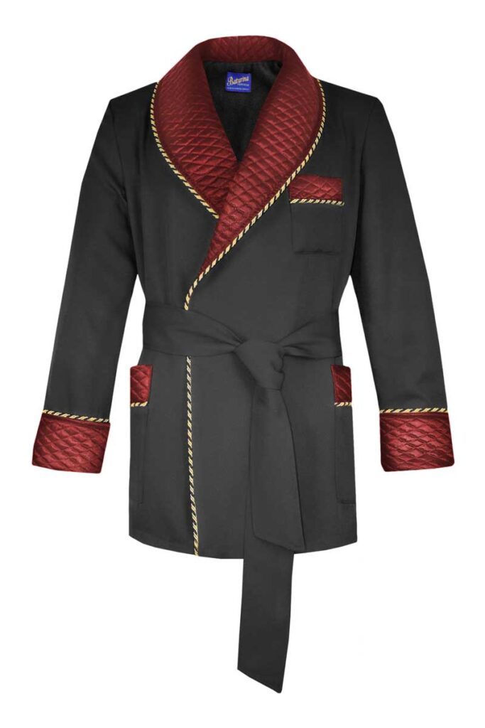 smoking jacket black red1 cotton fleece lined dressing gown, Dressing Gowns and Pajamas by Baturina Homewear