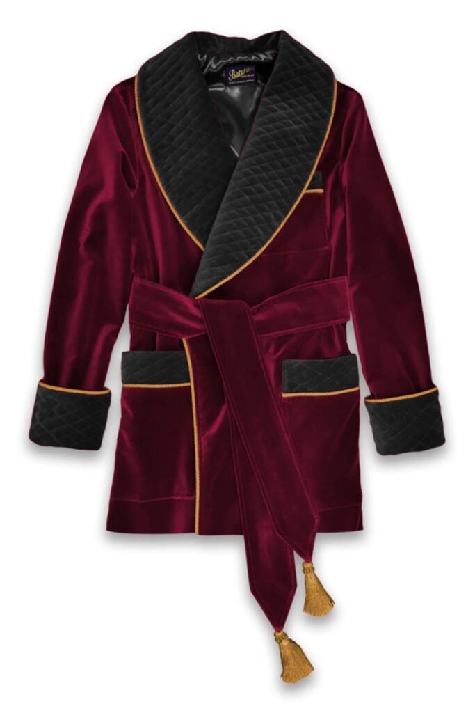 velvet mens dressing gown robe smoking jacket burgundy black 02, Dressing Gowns and Pajamas by Baturina Homewear