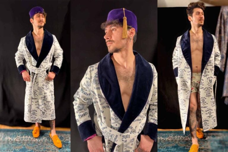 Men's warm robe in navy blue and white, made of cotton, vintage style long dressing gown