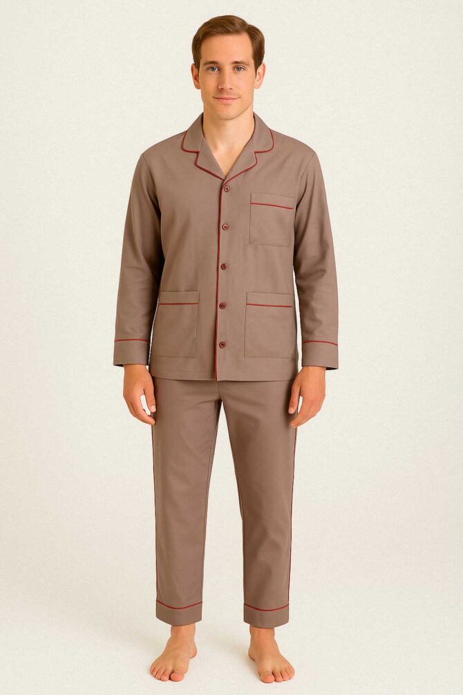 Men's Pajamas Set Beige Cotton with Red Piping - Image 1