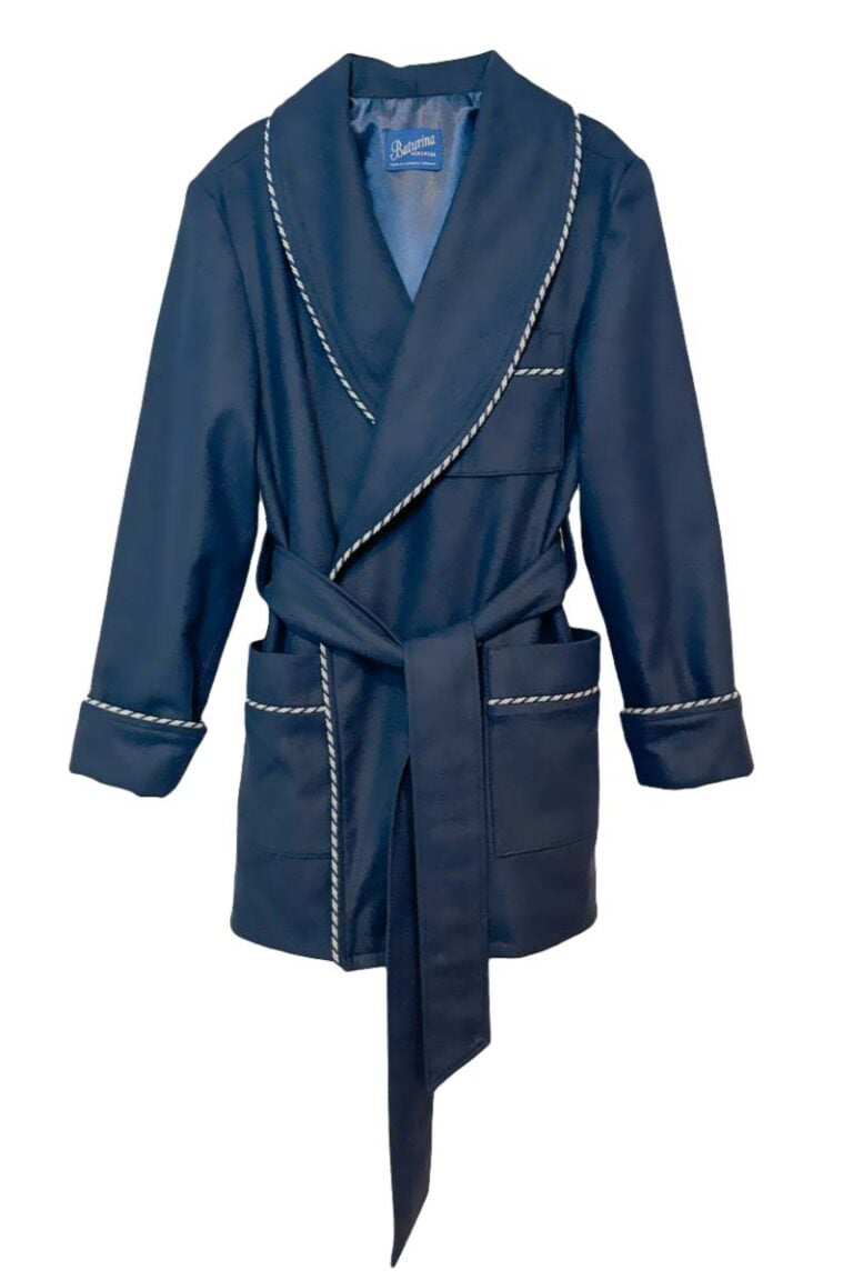 navy1 wool smoking jacket robe cord piping, Dressing Gowns and Pajamas by Baturina Homewear