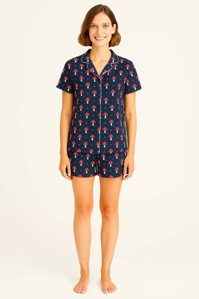 Women's Pajamas Set Mushroom Print Cotton Red Navy - Image 1