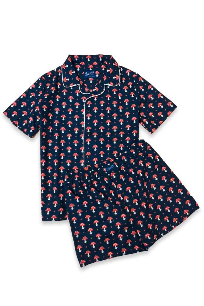 Men's Pajamas Set Mushroom Print Cotton Red Navy - Image 2