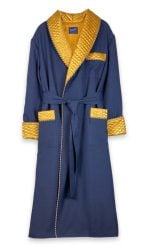 History and style of the smoking jacket navy gold robe, Dressing Gowns and Pajamas by Baturina Homewear