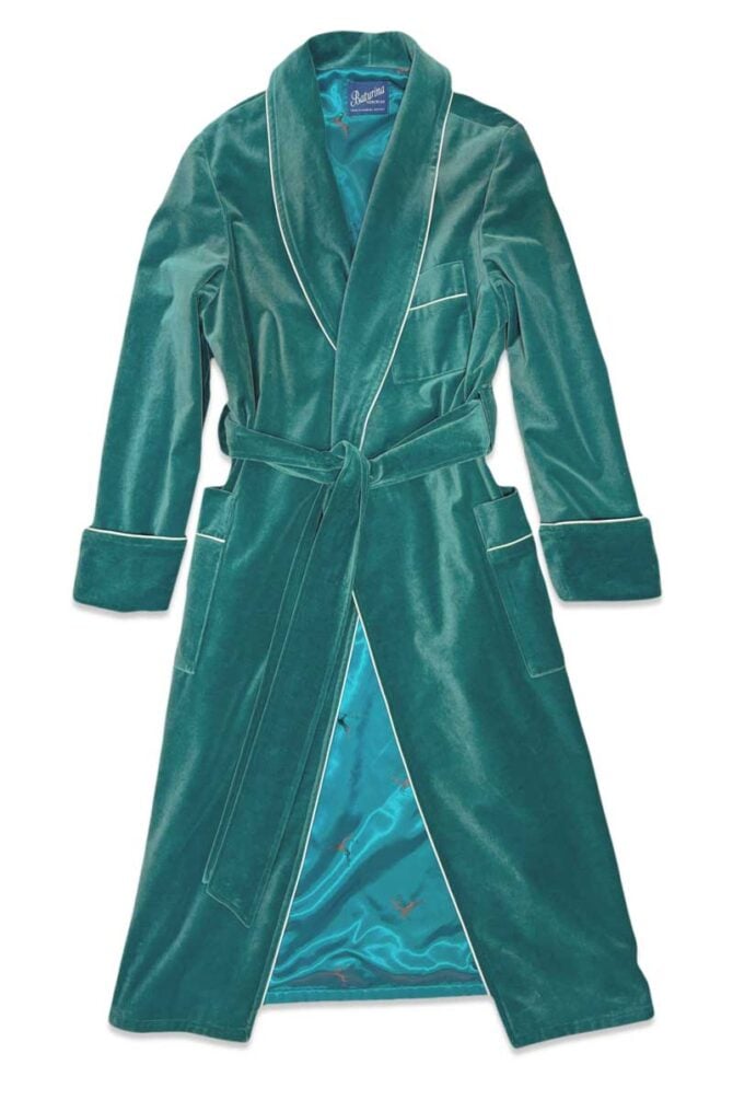 Women's Dressing Gown Sea Green Velvet with Silver Piping - Image 1