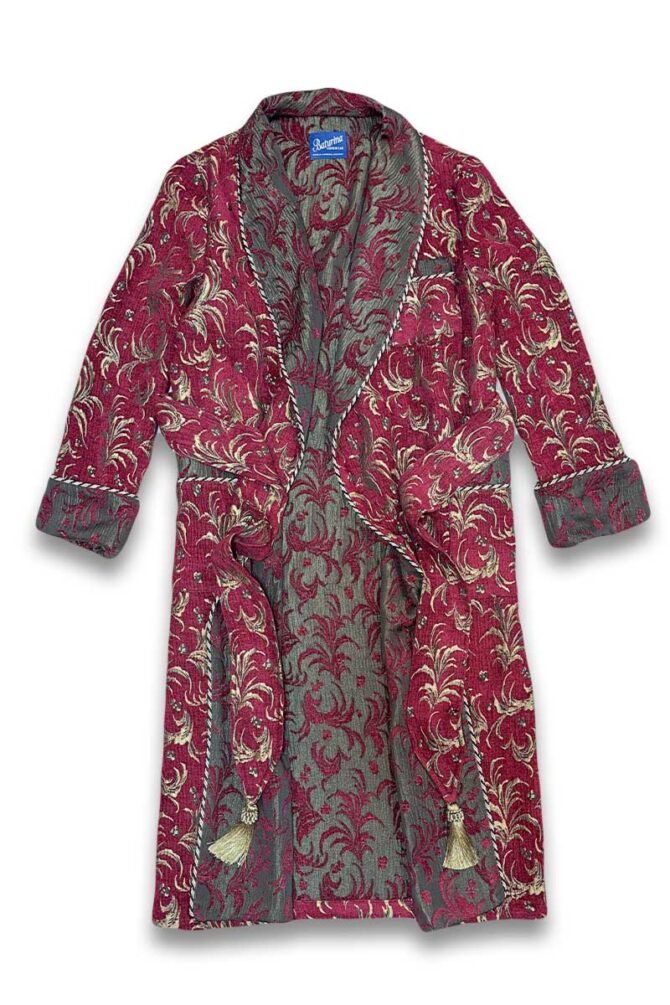 Men's Dressing Gown Royal Burgundy Gold Floral Jacquard - Image 3
