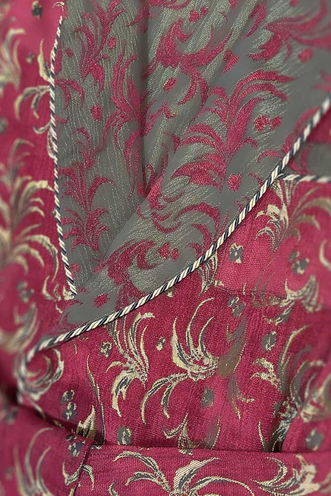 Men's Dressing Gown Royal Burgundy Gold Floral Jacquard - Image 4