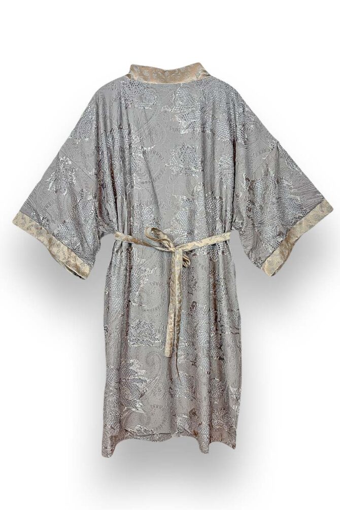 Damen Kimono Morgenmantel Baumwolle Silber mit Gold Details – Bild 7