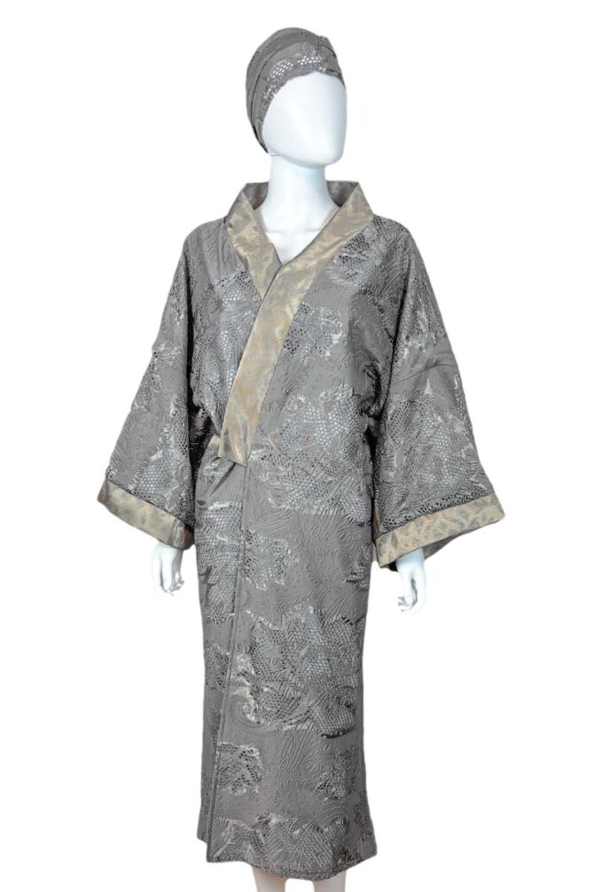 Damen Kimono Morgenmantel Baumwolle Silber mit Gold Details – Bild 4