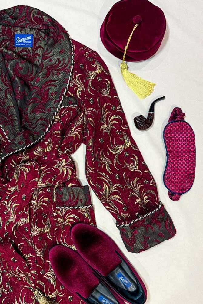 Men's Dressing Gown Royal Burgundy Gold Floral Jacquard - Image 8