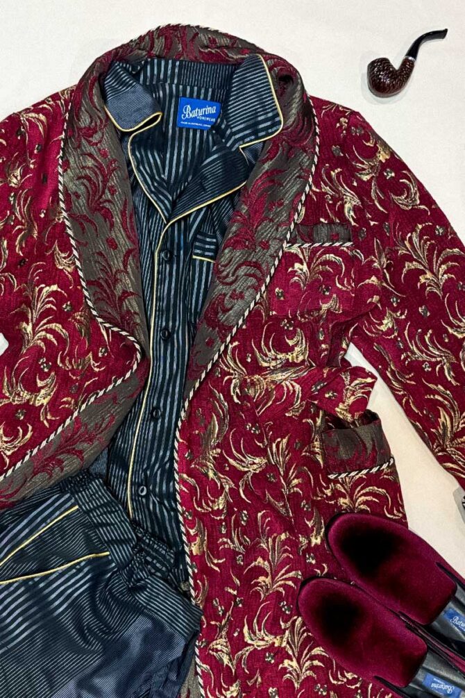 Men's Dressing Gown Royal Burgundy Gold Floral Jacquard - Image 9