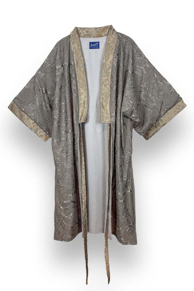 Damen Kimono Morgenmantel Baumwolle Silber mit Gold Details – Bild 2