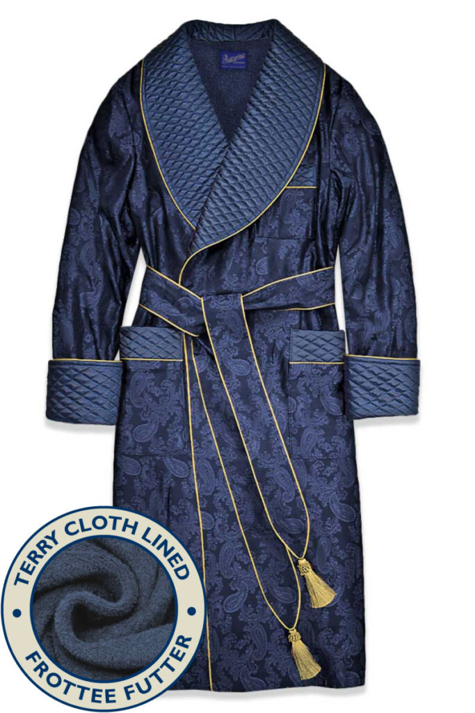 01 1 navy terry 1 paisley silk cotton lined robe, Dressing Gowns and Pajamas by Baturina Homewear
