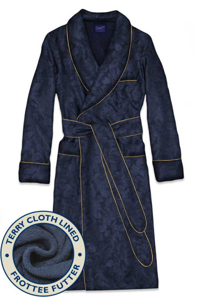 Herren Hausmantel Dunkelblau Paisley mit Frottee-Futter – Bild 1