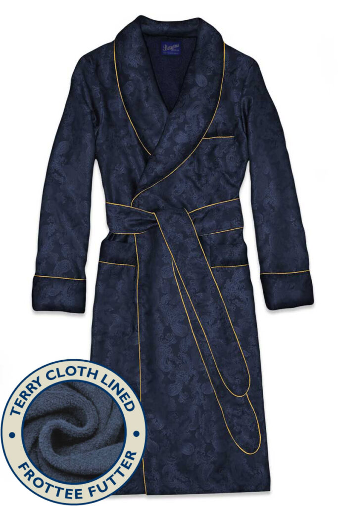 01navy terry 1 paisley silk cotton lined robe, Dressing Gowns and Pajamas by Baturina Homewear
