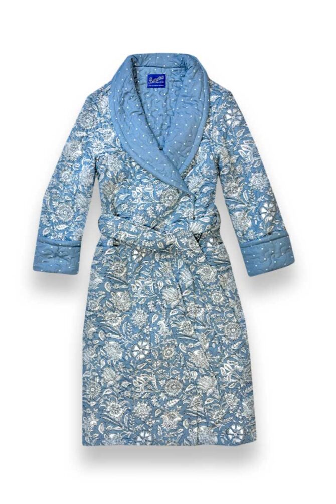 Women's Dressing Gown Blue Floral Quilted Pure Cotton - Image 1