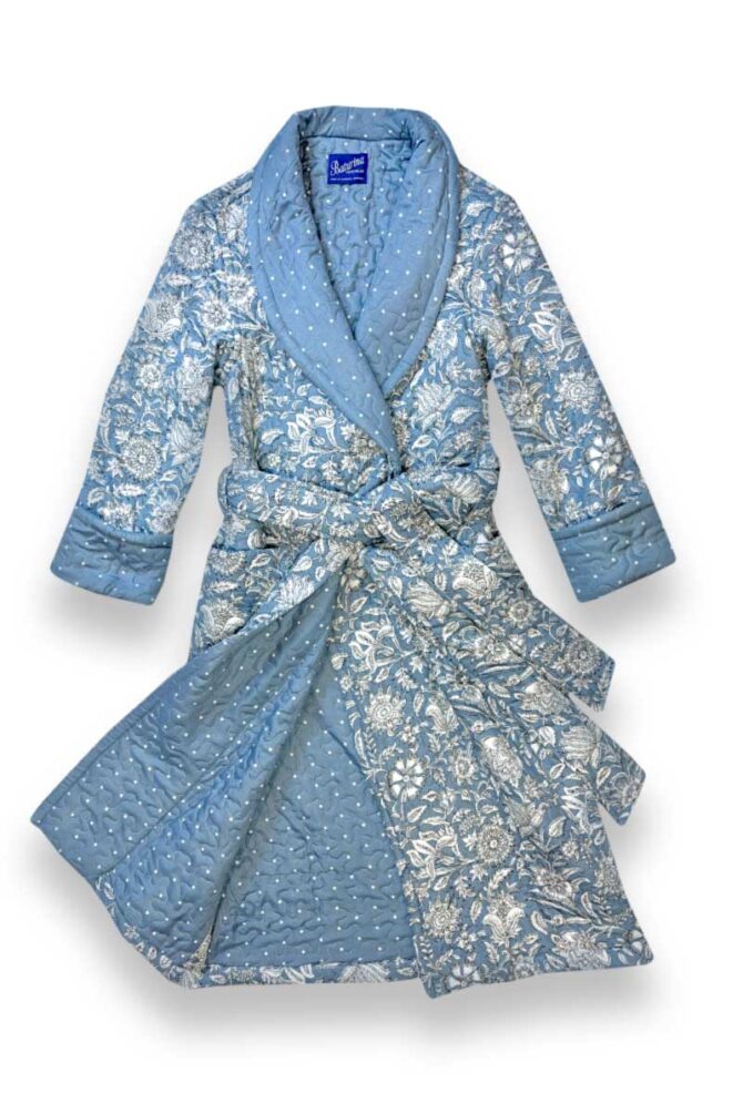 Women's Dressing Gown Blue Floral Quilted Pure Cotton - Image 2