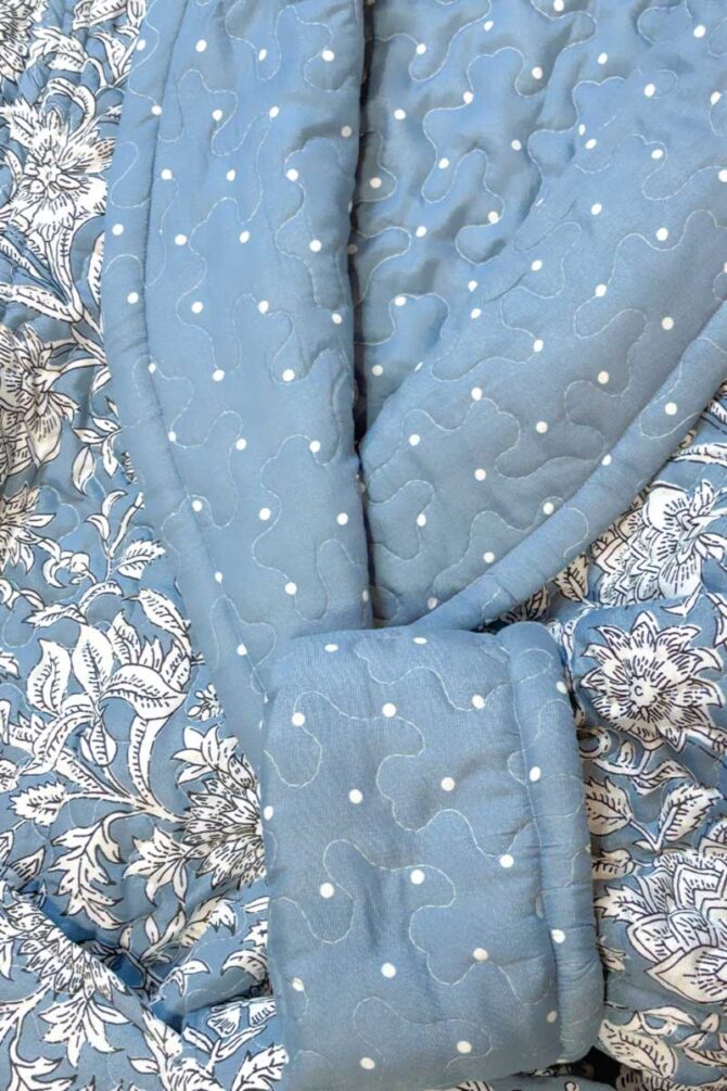 Women's Dressing Gown Blue Floral Quilted Pure Cotton - Image 4