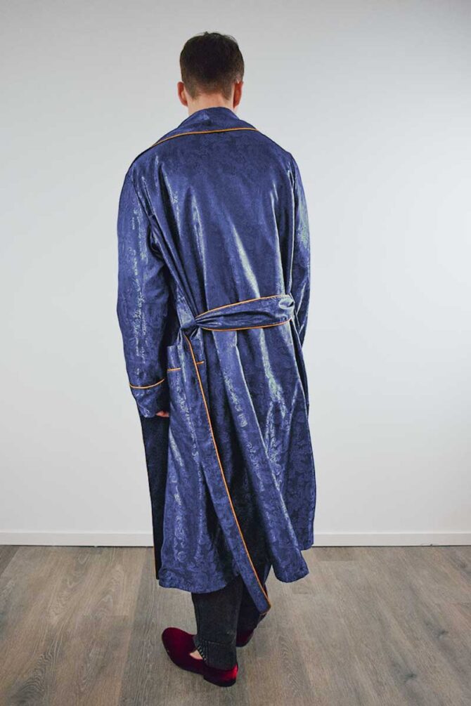 Men's Dressing Gown Navy Blue Paisley Jacquard with Pure Cotton Lining - Image 4
