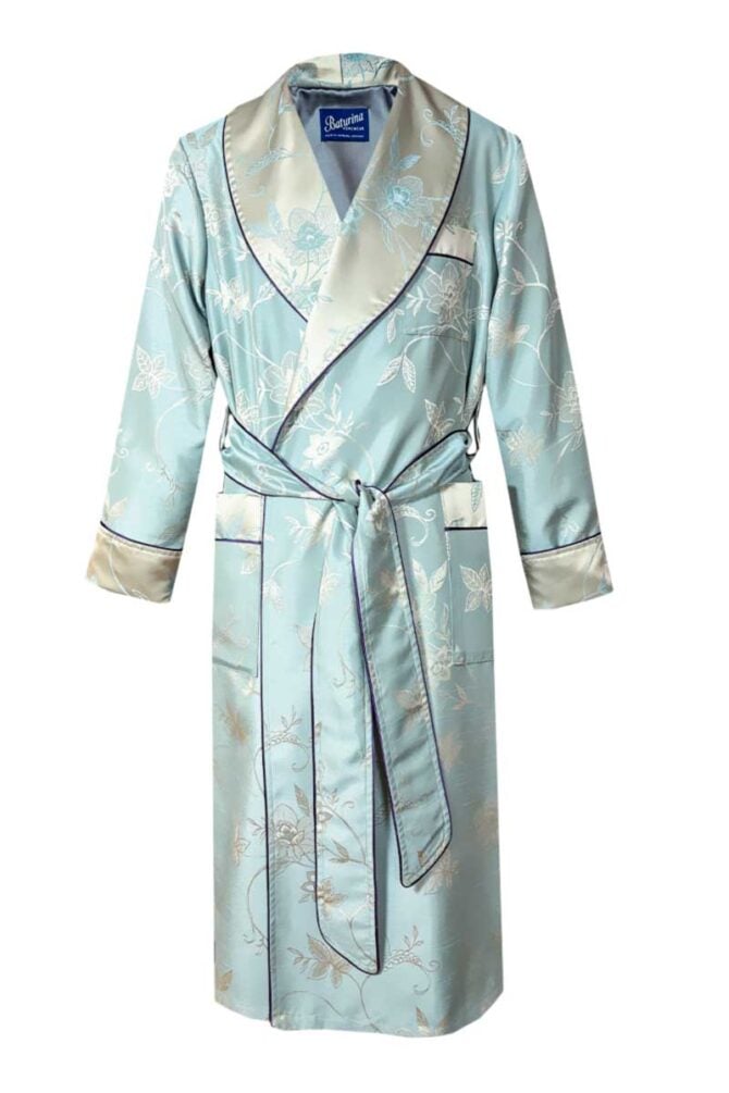 Herren Morgenmantel Floral Jacquard Pastellblau Hellgold – Bild 1