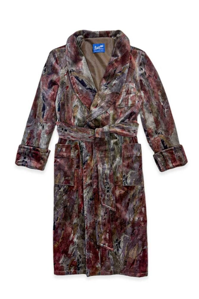 Men's Dressing Gown Maroon Velvet with Abstract Print inspired by Sherlock Holmes - Image 3