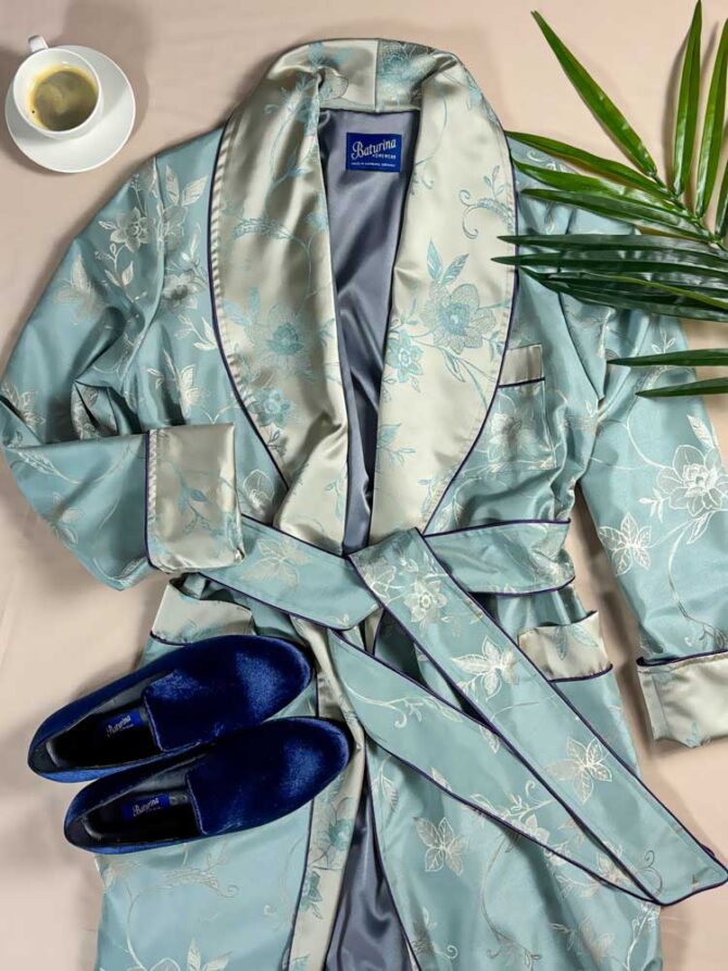Herren Morgenmantel Floral Jacquard Pastellblau Hellgold – Bild 9