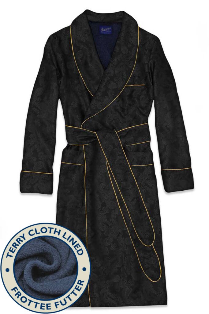 black navy terry 1 paisley silk cotton lined robe, Dressing Gowns and Pajamas by Baturina Homewear