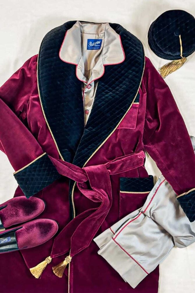 Men's Dressing Gown Cotton Burgundy Velvet Black Quilted - Image 2