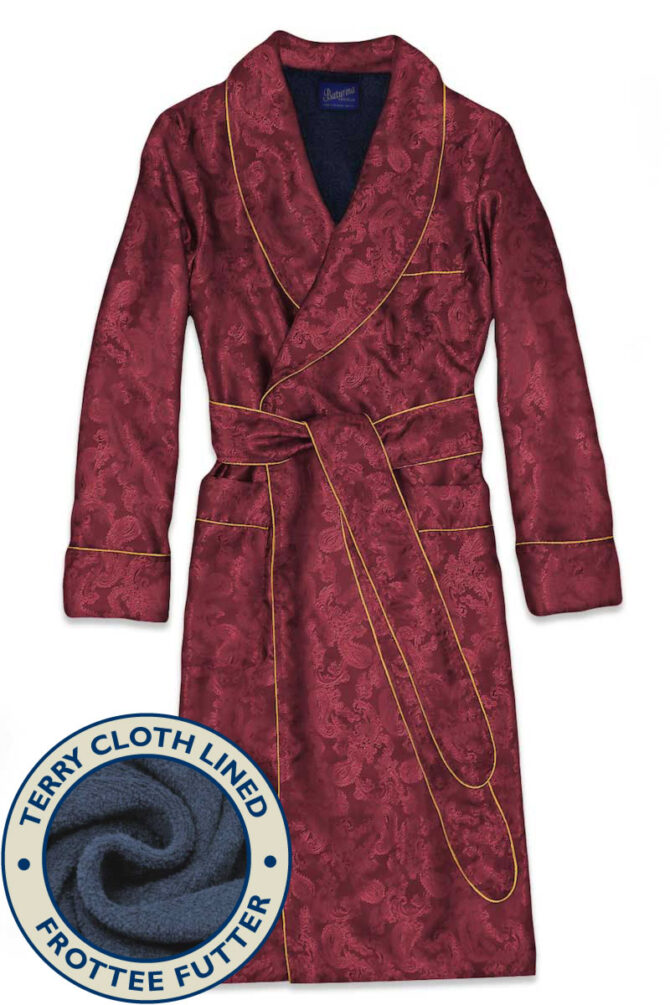 Men's Dressing Gown Burgundy Paisley with Navy Terry Lining - Image 1