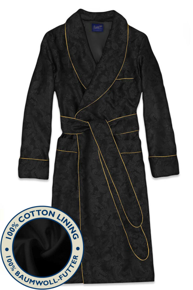 Herren Hausmantel Schwarz Paisley Baumwolle gefüttert – Bild 1
