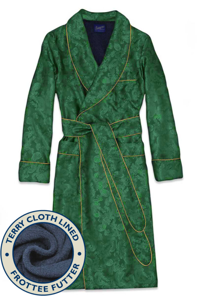 Herren Hausmantel Grünes Paisley mit Dunkelblauem Frottee-Futter – Bild 1