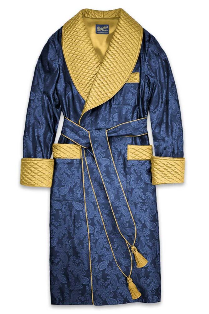 Men's Dressing Gown Navy Paisley Gold Quilted - Image 1