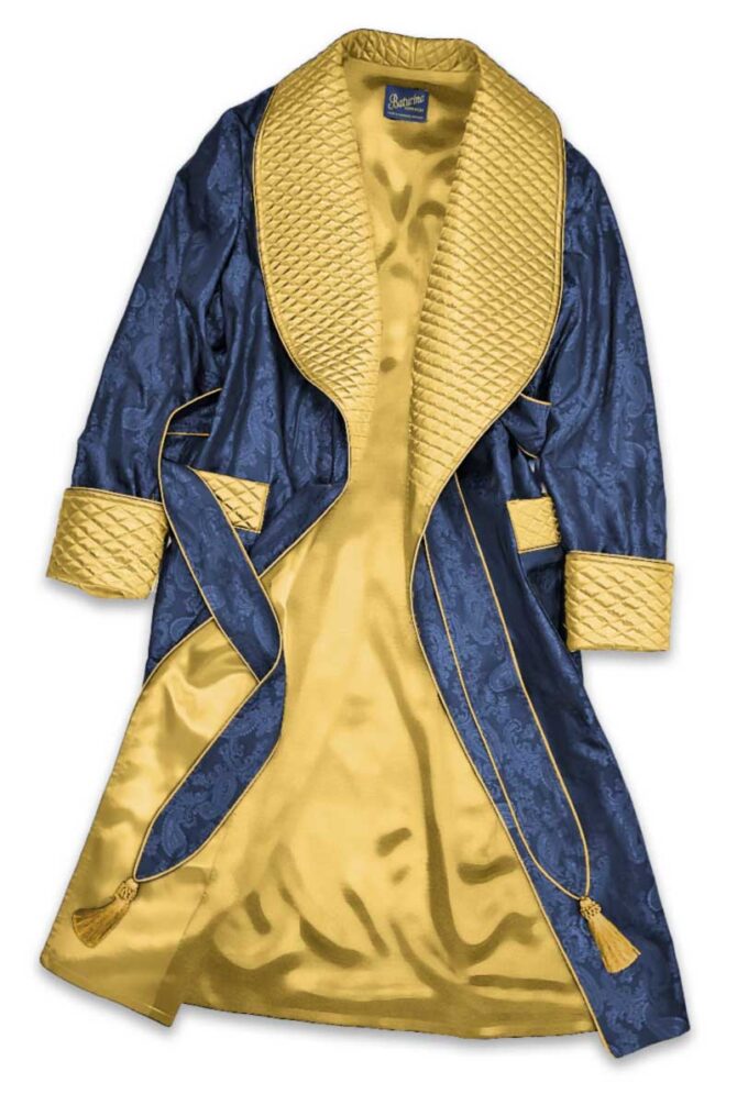 Men's Dressing Gown Navy Paisley Gold Quilted - Image 2