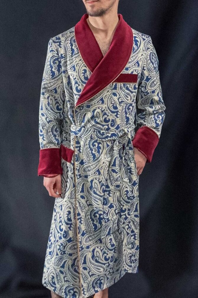 Men's Dressing Gown Warm Cotton Jacquard Dark Blue Paisley Burgundy Velvet - Image 1