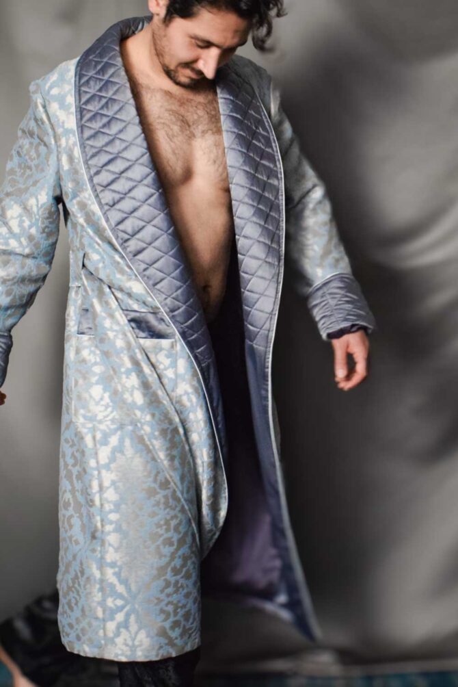 Men's Dressing Gown Silver Blue Jacquard Quilted - Image 1