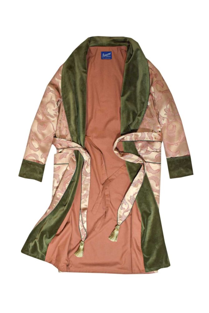 Men's Dressing Gown Antique Gold Olive Green Velvet Jacquard - Image 2