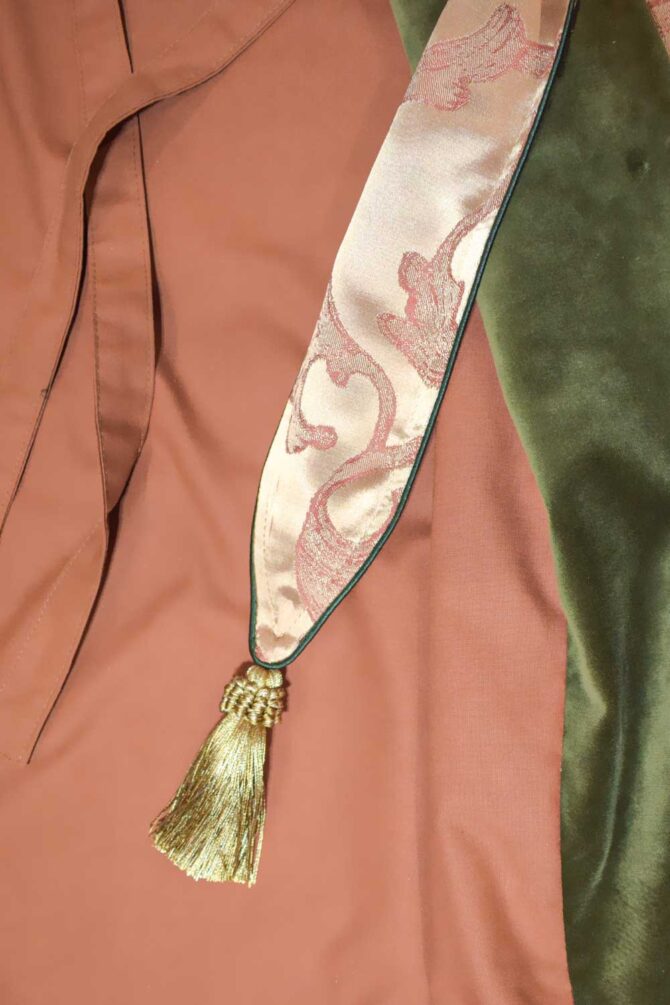 Men's Dressing Gown Antique Gold Olive Green Velvet Jacquard - Image 3