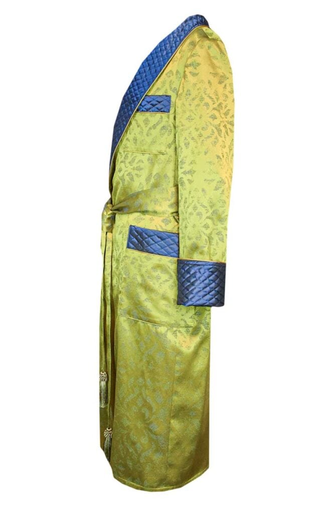 Men's Dressing Gown Chartreuse Green Royal Blue Jacquard Quilted - Image 4