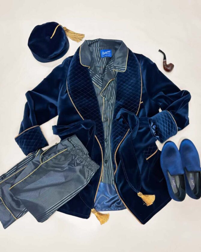 Herren Hausjacke Dunkelblau Gold Samt – Bild 7