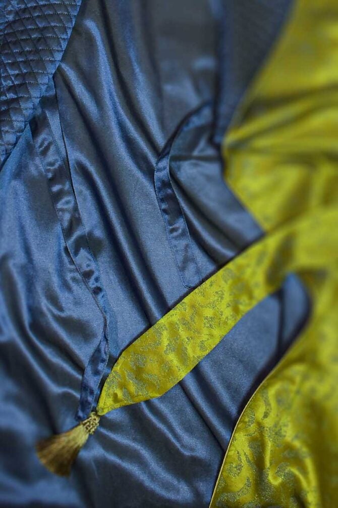 Men's Dressing Gown Chartreuse Green Royal Blue Jacquard Quilted - Image 3