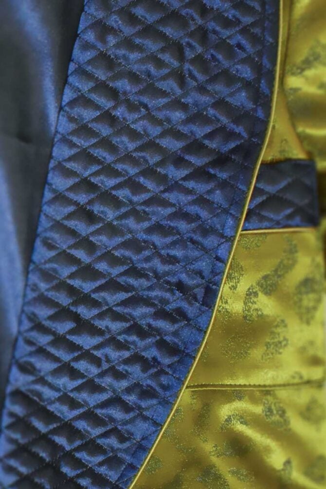 Men's Dressing Gown Chartreuse Green Royal Blue Jacquard Quilted - Image 2