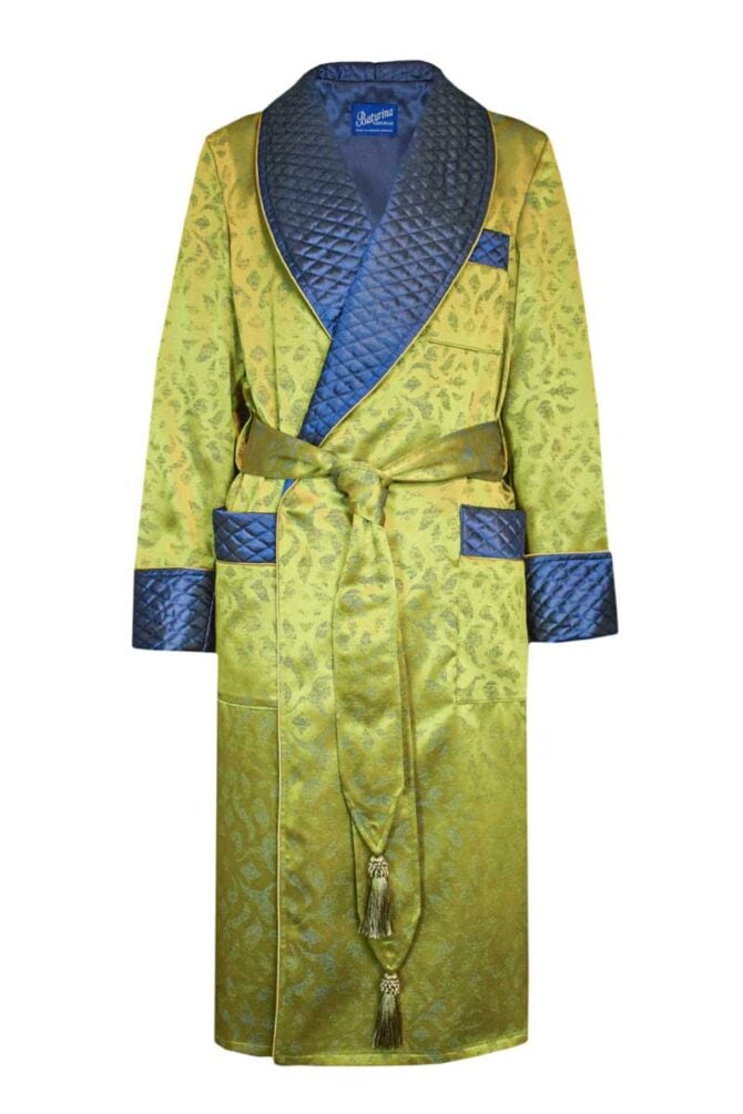 Men's Dressing Gown Chartreuse Green Royal Blue Jacquard Quilted - Image 1