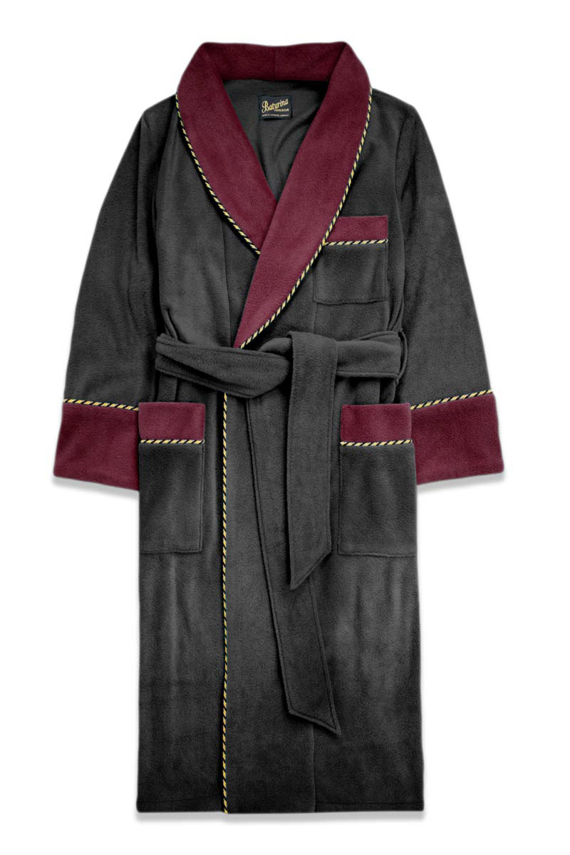 02black-burgundy2-fleece-dressing-gown-robe-extra-warm Men's Soft Plush Robe Black Burgundy Fleece Extra Warm - Image 1