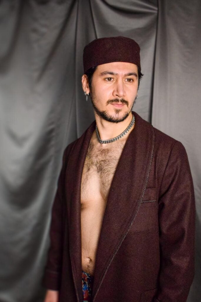 04smoking cap brown wool robe model, Dressing Gowns and Pajamas by Baturina Homewear
