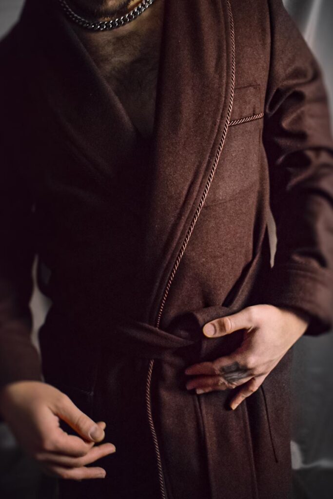 05 1brown wool robe model, Dressing Gowns and Pajamas by Baturina Homewear