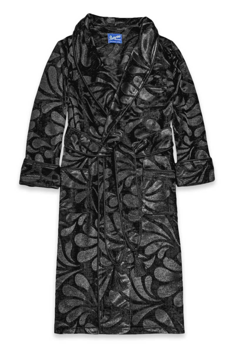 herren-schwarz-samt-hausmantel-chenille Herren Hausmantel Schwarzer Chenille-Samt – Bild 1