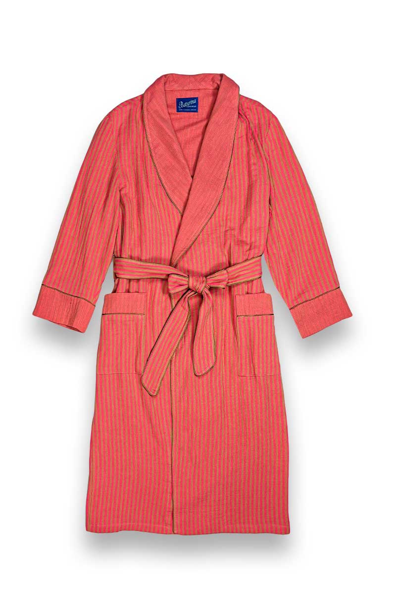 1cotton-robe-red-ochre-dressing-gown Women's Robe Red Gold Stripes Pure Cotton - Image 1