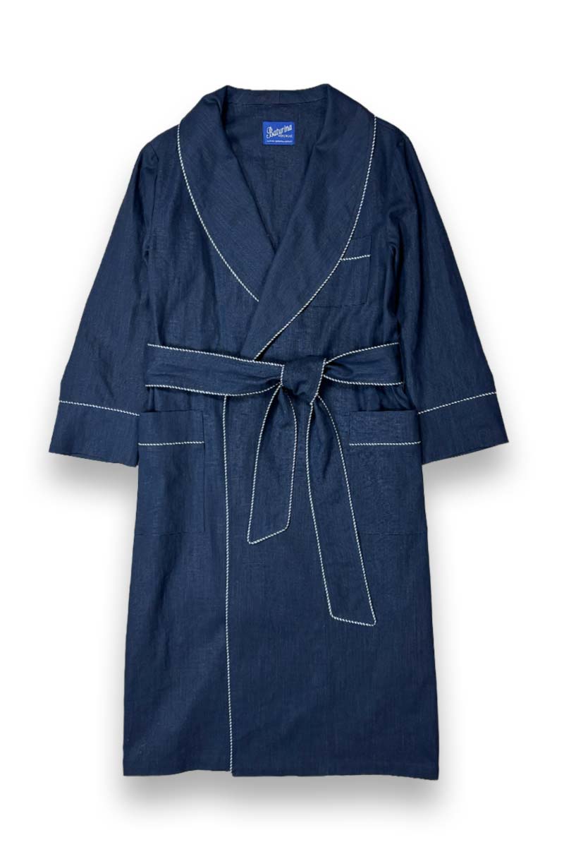 navy-blue-linen-dressing-gown-men-robe Men's Dressing Gown Deep Navy Linen - Image 1