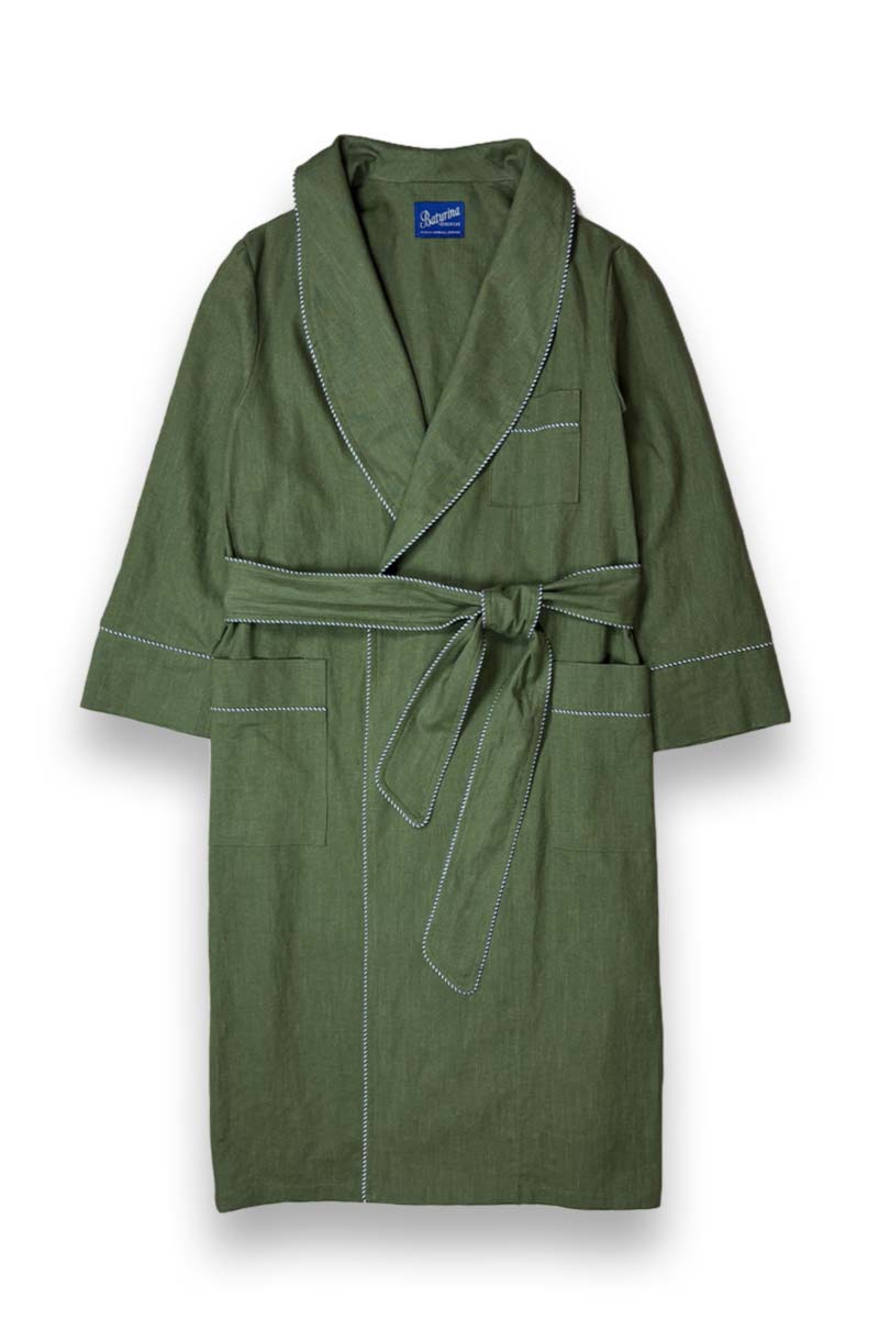 olive-green-linen-robe-dressing-gown-men Men's Dressing Gown Olive Green Linen - Image 1